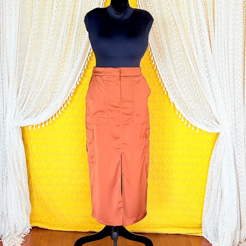 House of Harlow Brown Satin Cargo Midi Skirt Size Small - Picture 4 of 16